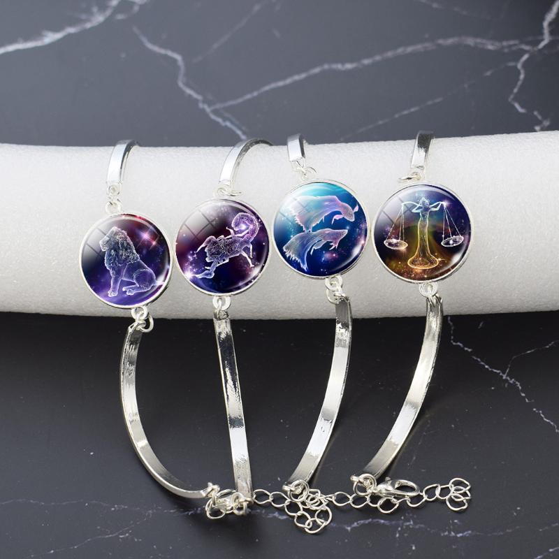 

12 Constellations Signs Bracelet Zodiac Glass Cabochon Metal Fashion Jewelry Women Leo Scorpio Libra Birthday Gift Box