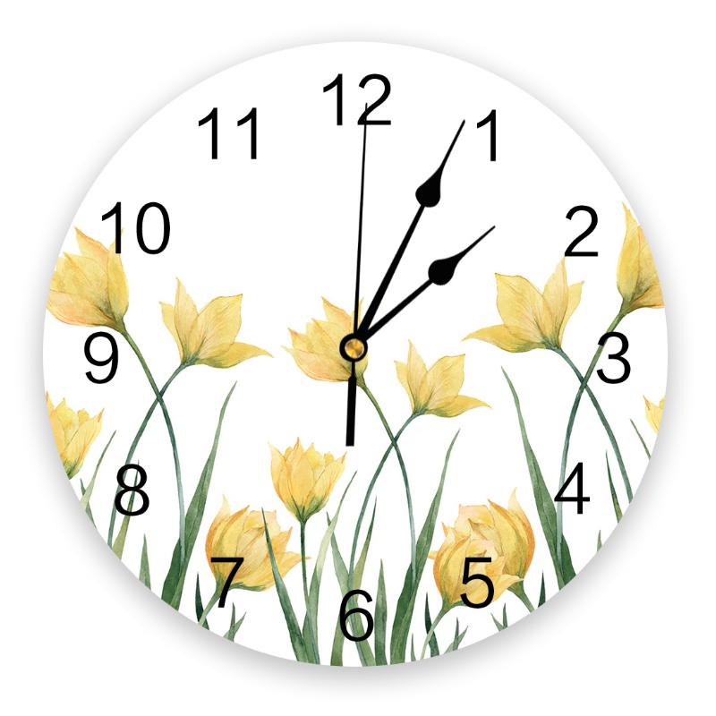 

Modern Wall Clock Yellow Tulip Flower PVC Wall Clock Home Decor Bedroom Silent Oclock Watch for Living Room
