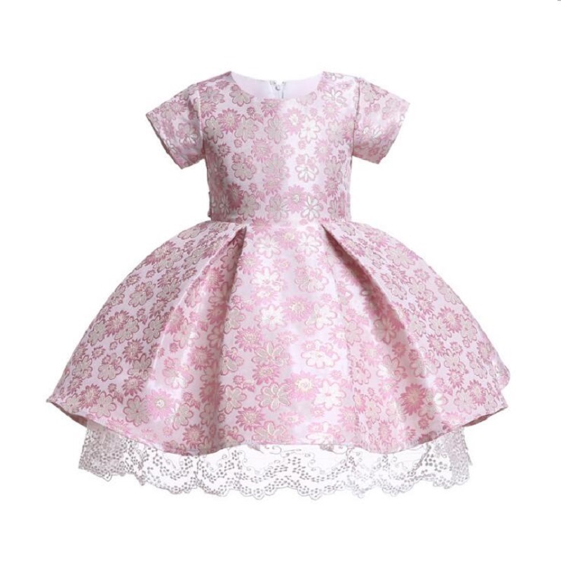 

New European and American Girls Short-Sleeved Cute Little Dress Lace Princess Dress Jacquard Fabric Ball Gown Performance Dres, As picture
