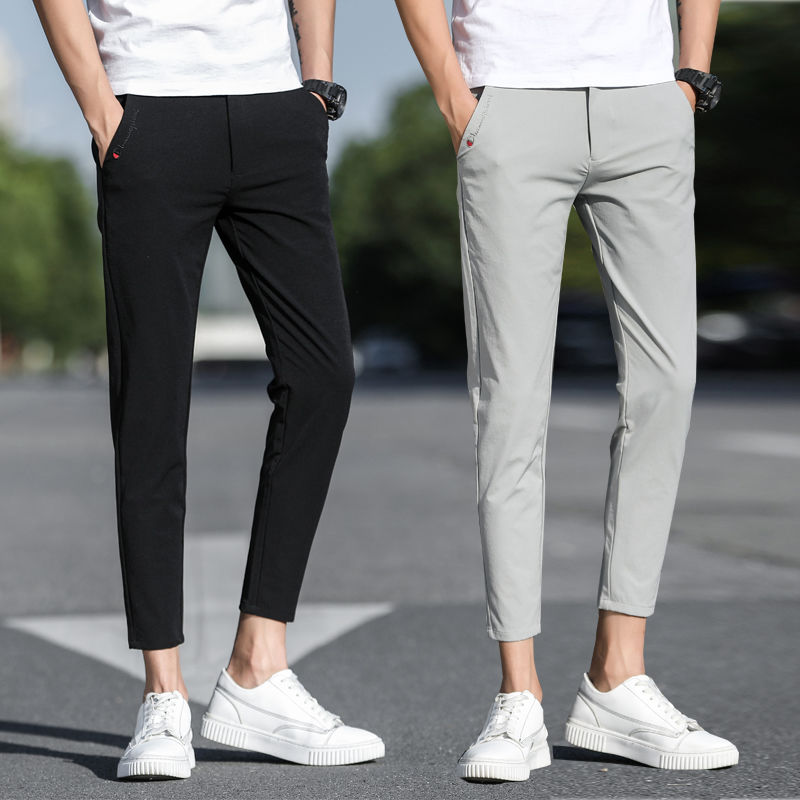 

2020 Summer Fiber Men's Casual Pants Ankle-Length Pants Thin Korean FashionMale Slim Fit All-match Leisure Trousers Black, Ankle length khaki