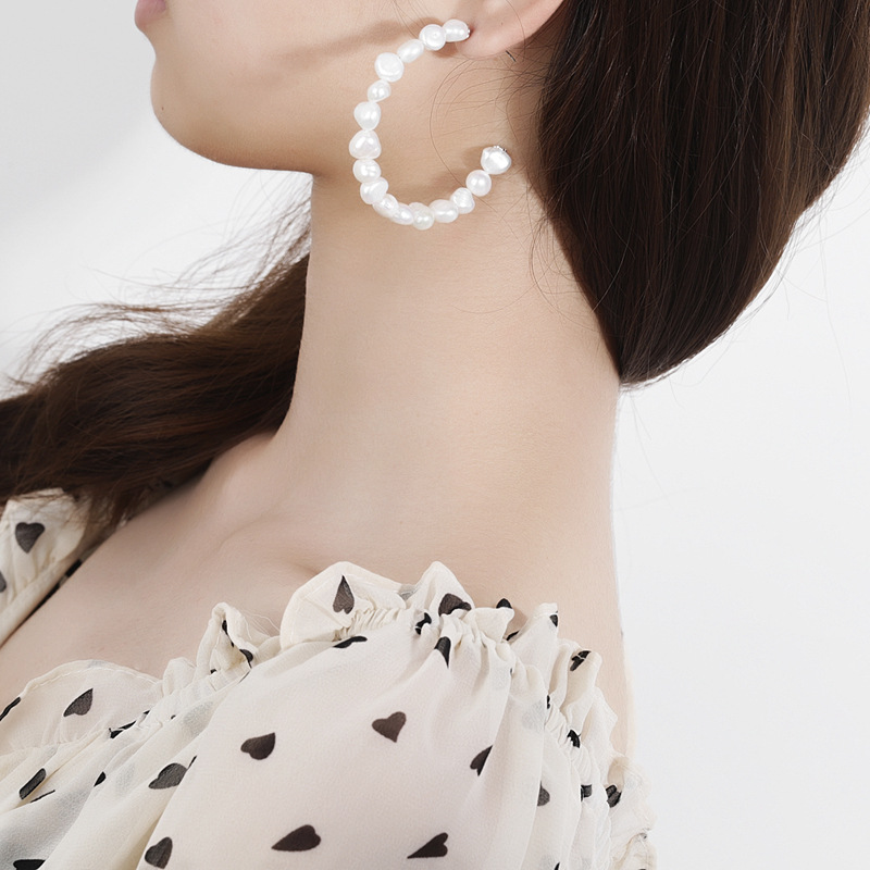 

100% 925 sterling silver big circle earrings for women pendientes mujer natural freshwater baroque pearl earings fashion jewelry