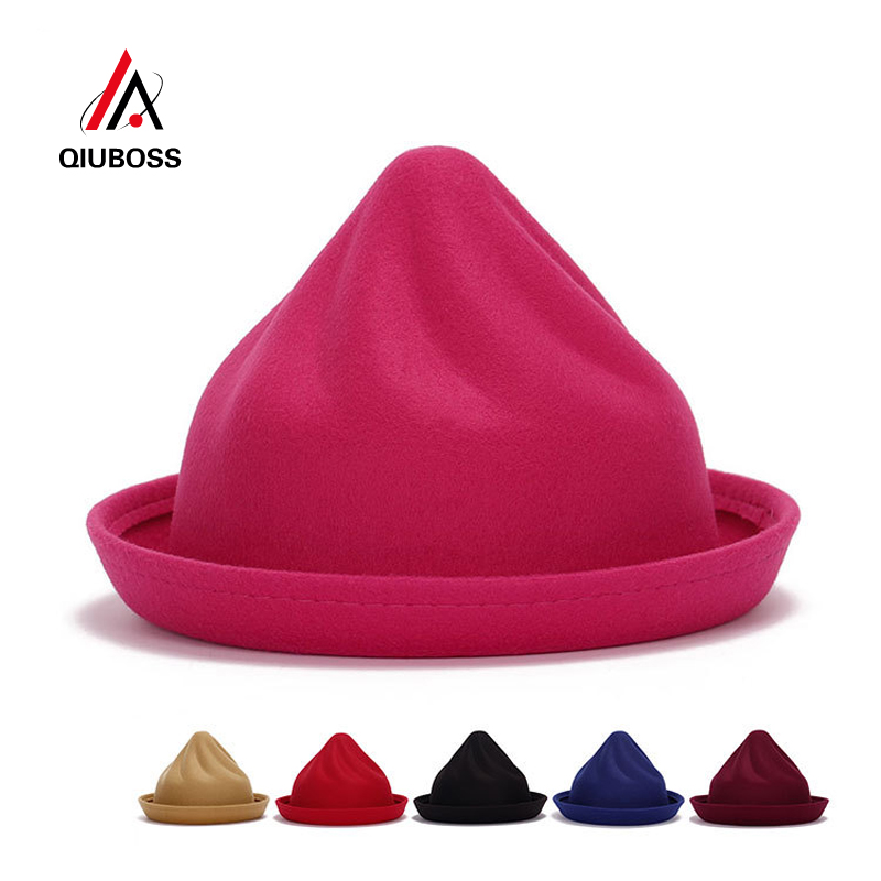 

QIUBOSS Cream Shape Wool Felt Fedora Hats Women Ladies Solid Color Pointed Hat Torch Autumn Winter Roll Brim Formal Top Hat, Black