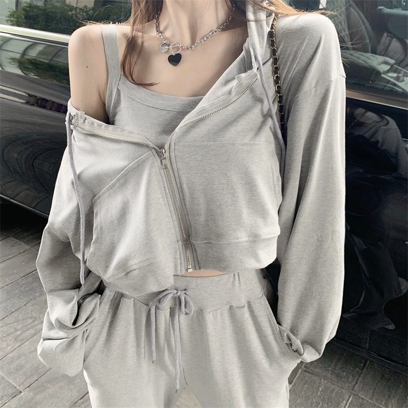 

New Autumn Winter Women Sets 3 Pieces Sets Short Hooded Jacket Sporty Pants Vest Lounge Wear Track suit Suits Top And Pants, Black