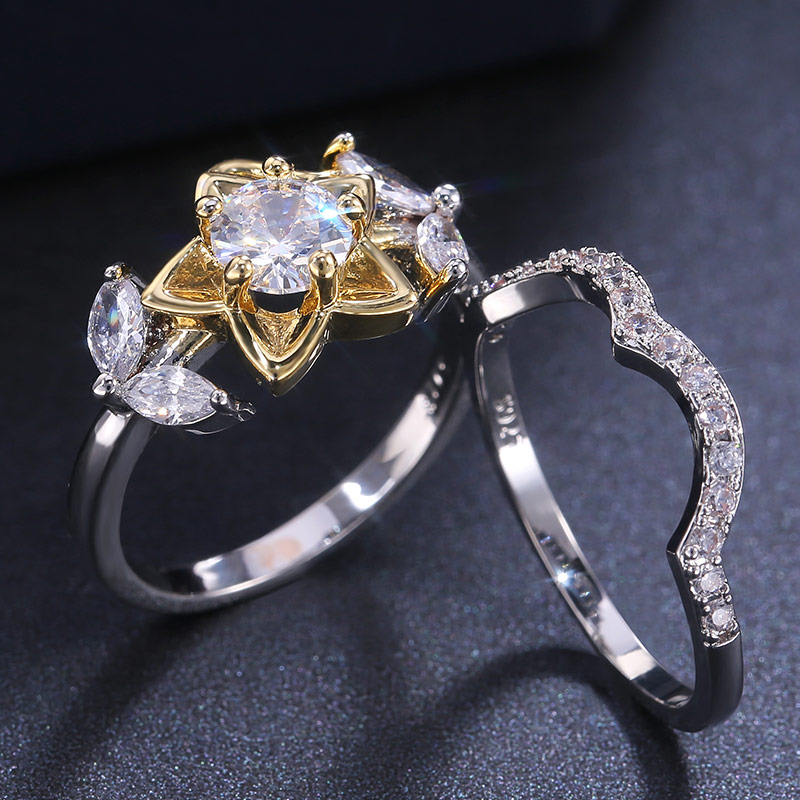 

Huitan Chic Flower Bridal Set 2PC Women Finger Rings Dazzling Crystal Cubic Zircon Romantic Girl Engagement Party Rings Jewelry