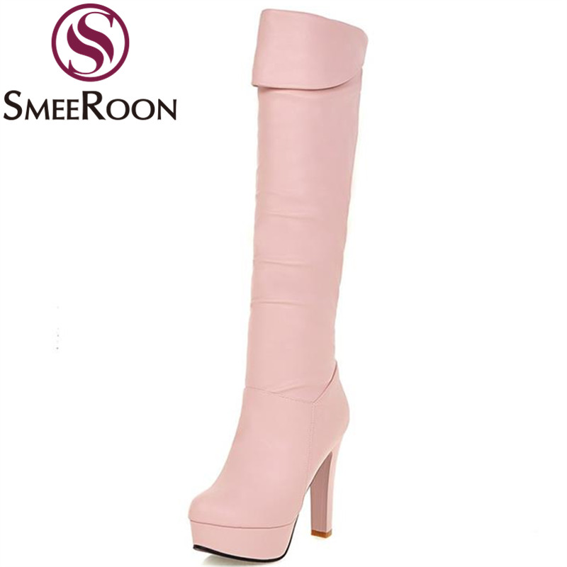 

Smeeroon knee high boots high heels women shoes winter boots office lady quality pleated fashion big size platform, Black