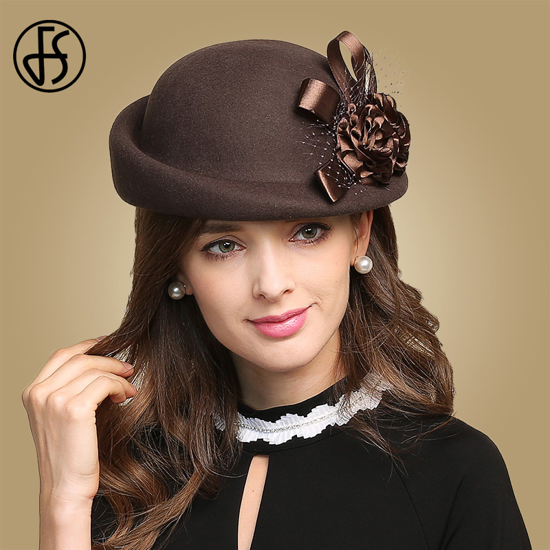 

FS Elegant Women Wool Bowler Cap Vintage Floral Veil Fedoras Hats Bowler Caps Lady Cloche Hat 10 Colors, Blue;gray