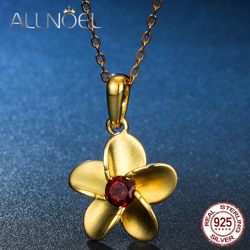 

Chains ALLNOEL 925 Sterling Silver Natural Garnet White Zircon Flower Pendant Necklace Gold Color Fashion Ladies Jewelry Lovely Gift