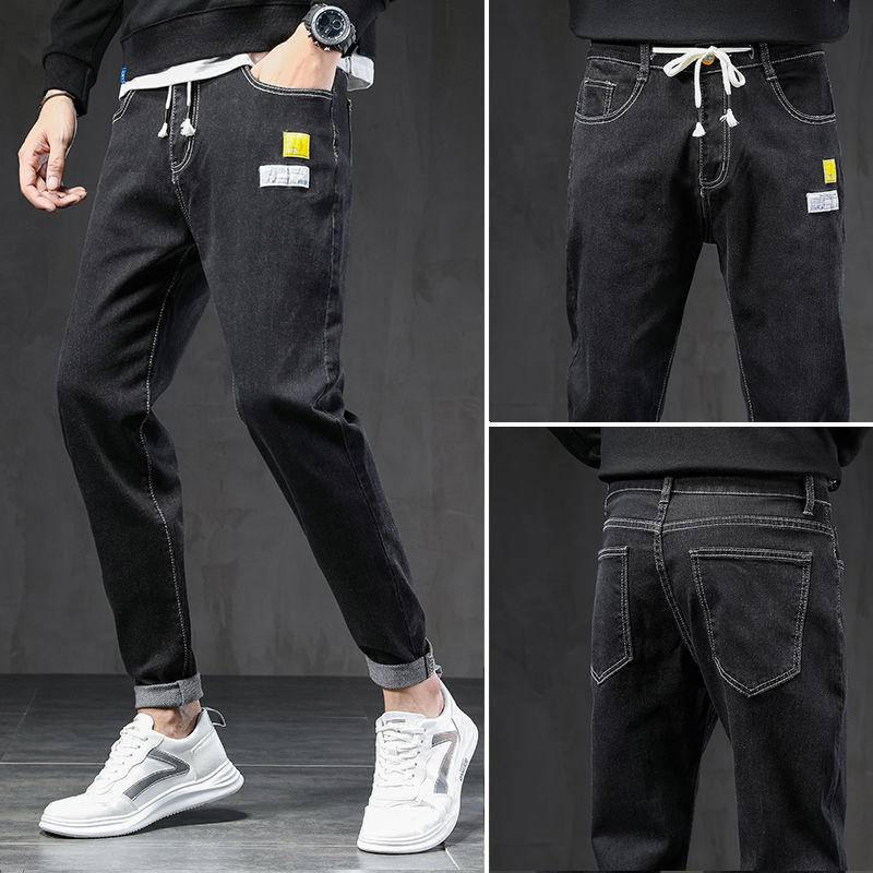 

Autumn winter new jeans men's long pants men's elastic waist slim-fit students casual all-match pants, Black