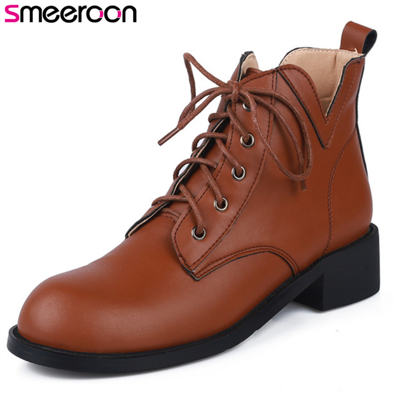 

Smeeroon 2020 newest autumn winter women boots pu round toe lace up comfortable casual shoes simple fashion ladies ankle boots, Black