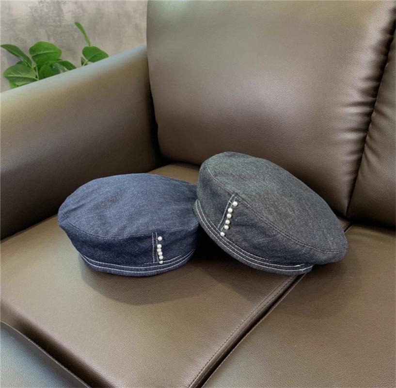 

Denim Beret Hats Women French Flap Top Jean Mushroom Hat Ladies Pearls Embellished Octagonal Casual boina Cap, Black