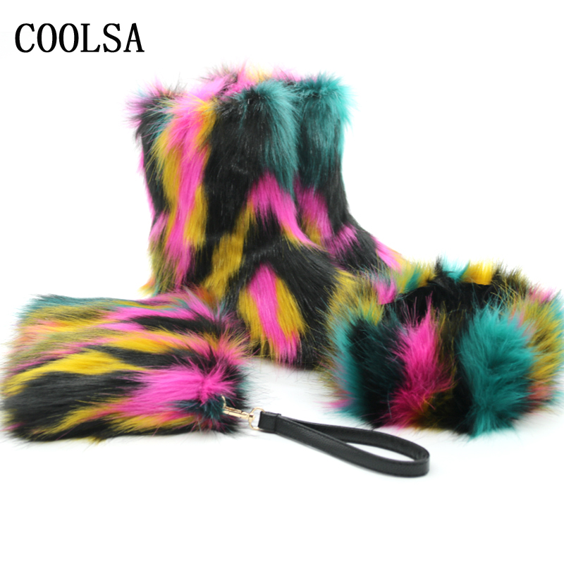

Winter Women Fur Boots Fluffy Fur Snow Boots For Women Faux Ankle Boot Furry Plush Shoe Flat Heel Boot Lady Bag Headband Set, Black set