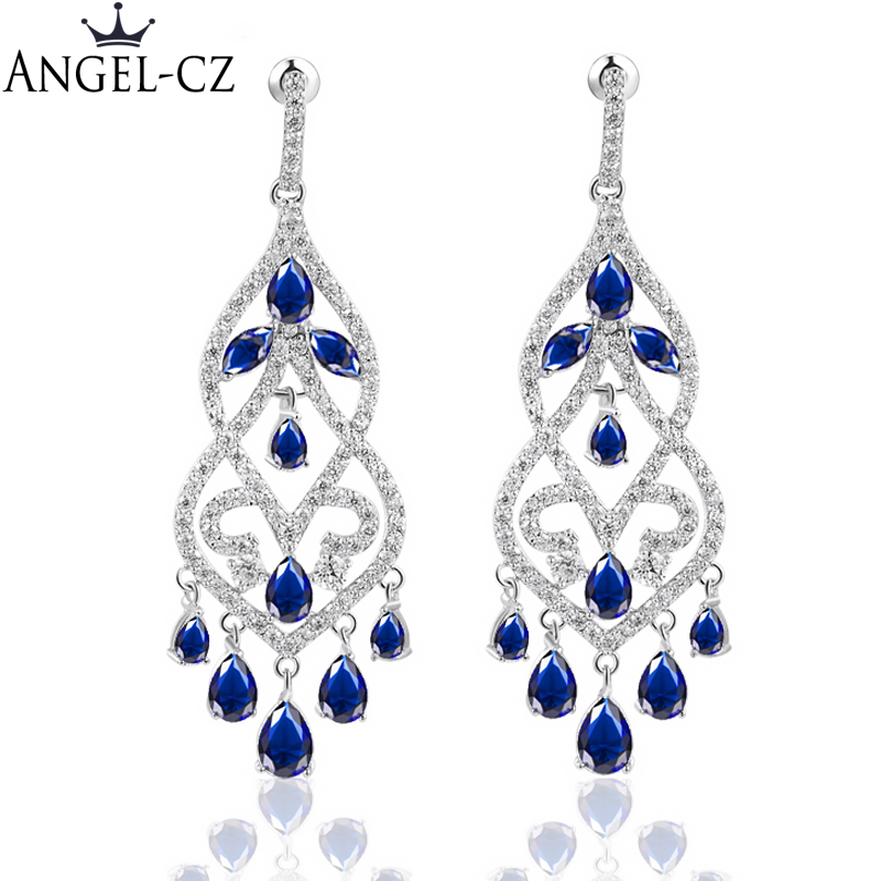 

ANGELCZ Brand Ear Jewellery Fancy Chandelier Drop Inlay Royal Blue Austrian Crystal Evening Party Big Earrings For Ladies AE100