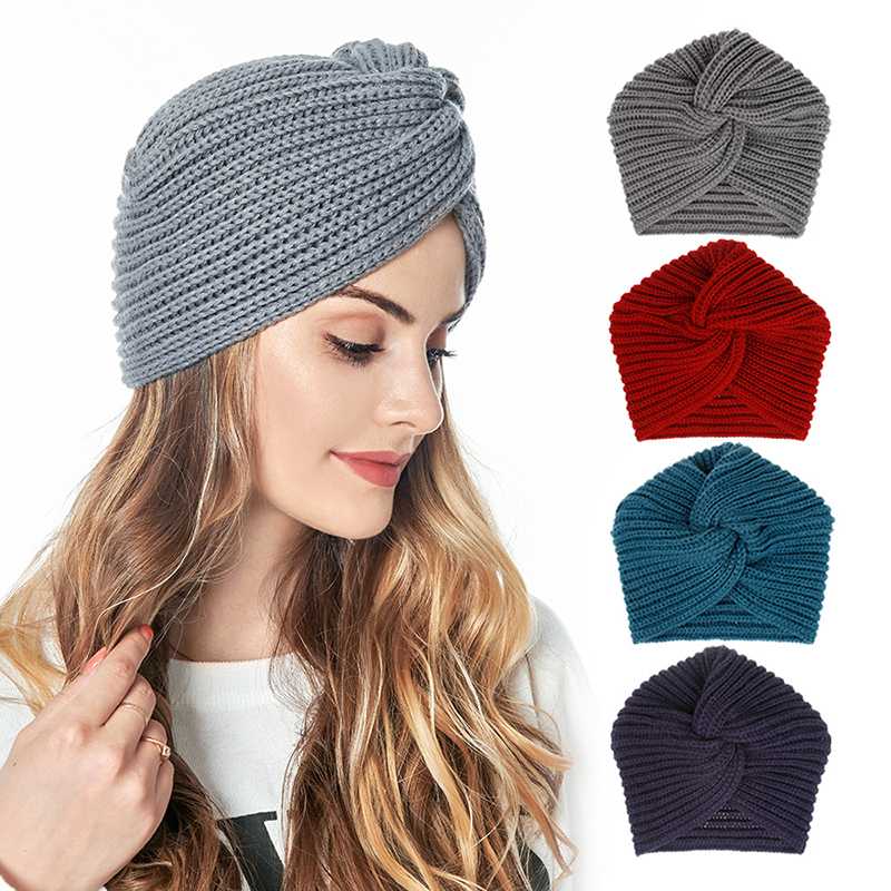 

New Fashion Foldable Bonnet Hat Women Vintage Cross Knot Sleep Hat Soft Woolen Night Cap Warm Turban Cap Solid Color Head Cover, Navy blue