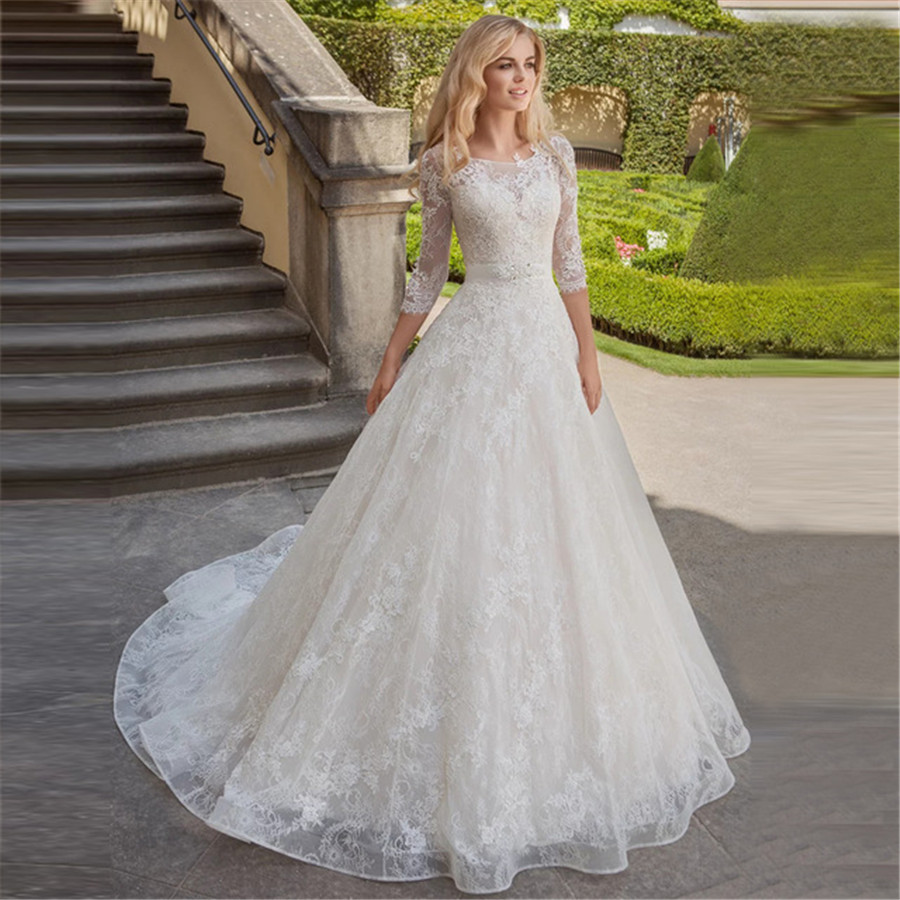 

2020 Charming Lace Wedding Dress with Sleeves Scoop Neck A-line Princess Bridal Gowns Robe de Mariage Bride Dress Sashes, Ivory
