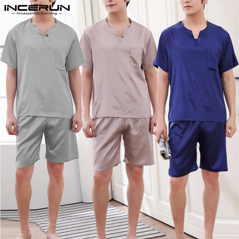

INCERUN Men Pajamas Sets V Neck Short Sleeve Tops Comfortable Shorts Solid Color Homewear Sleepwear Sets Soft Nightwear -5XL, Blue