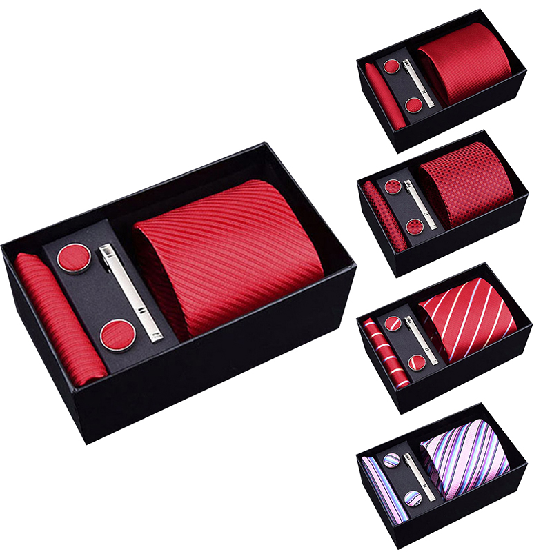 

Wedding Red Stripe Solid Necktie 8cm 100% Silk Tie Hanky Cufflinks&clips Necktie Set Formal Dress Wedding Party Men Classic Ties