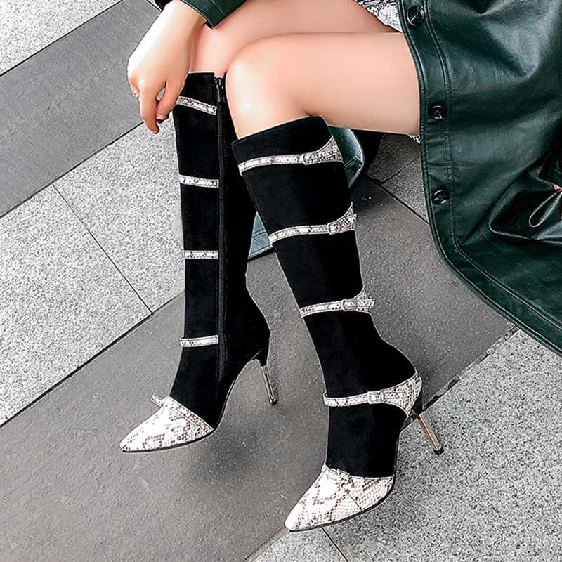 

Street style sexy pointed toe knee high boots fashion serpentine buckle color matching black grey high heel women's riding boots