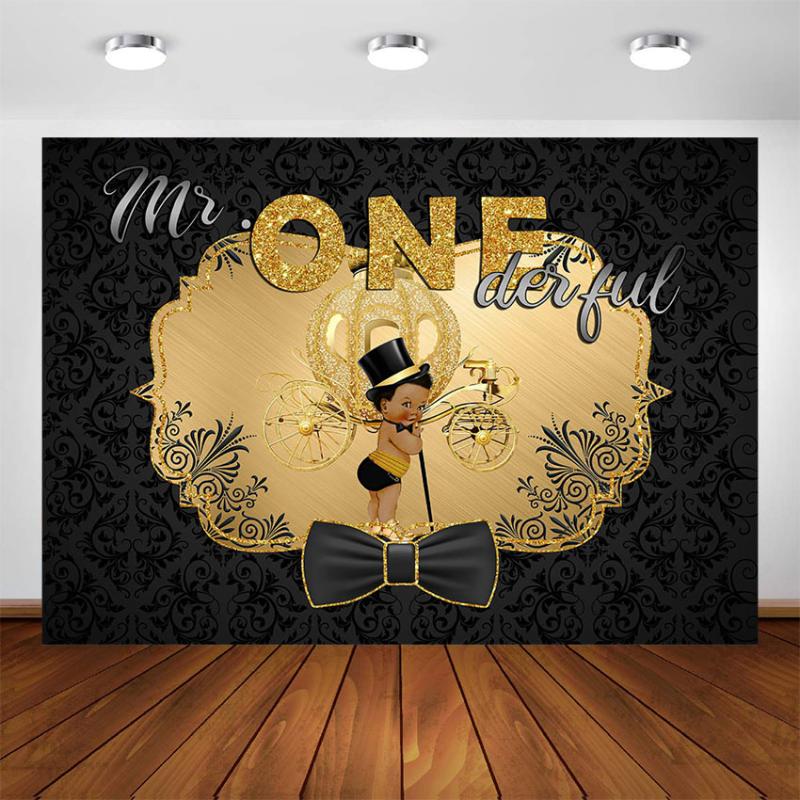 

Mr Onederful 1st Birthday Backdrop Black Tie Boy's First Birthday Party Photography Background Black Golden Party Decoration