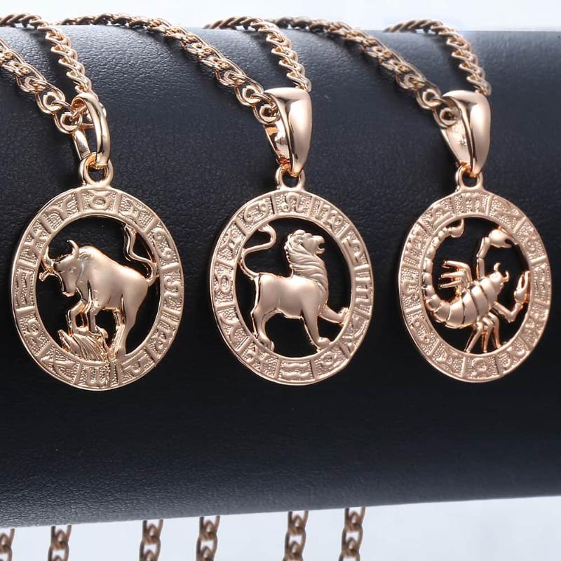 

Taurus Pendant Necklace For Women Men 12 Zodiac Constellation Taurus Pendants Necklaces Rose Gold Filled Round Shaped New GPM16