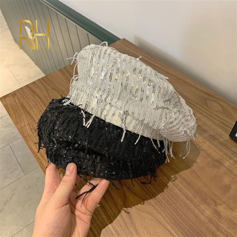 

2020 Elegant Women Plaid Beret For Fashion Fringed Sequin beret Hats Cap Spring Autumn Brand New Women's Painter Hat Gorras RH, White