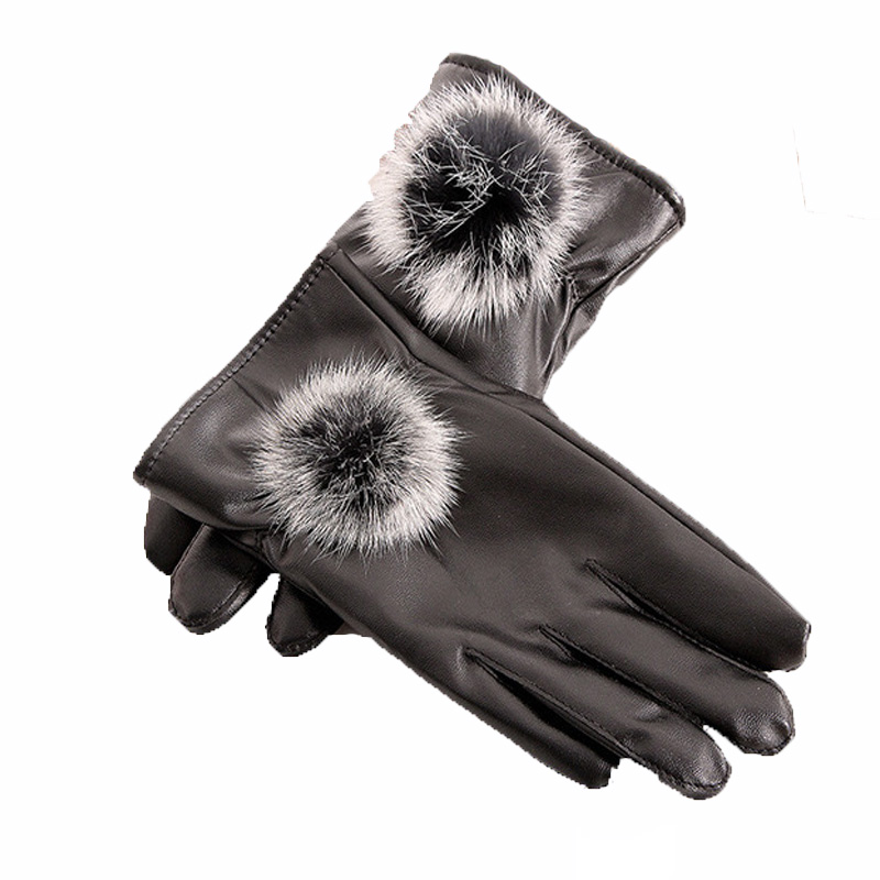 

Women Winter Warm Mitten PU Leather Fur Balls Female Gloves Causal Wrist Soft Covered Finger Velvet Fitness Gloves Black