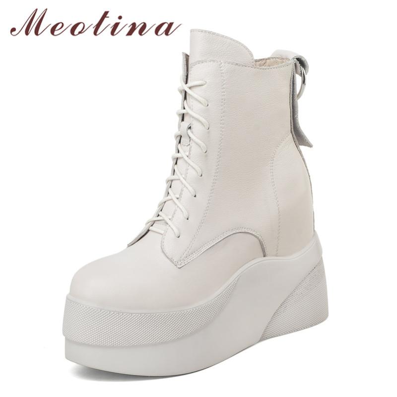 

Meotina Genuine Leather Platform High Heel Short Boots Women Shoes Zip Cross Tied Wedge Heels Ankle Boots Autumn Winter Black 40, Black synthetic lin