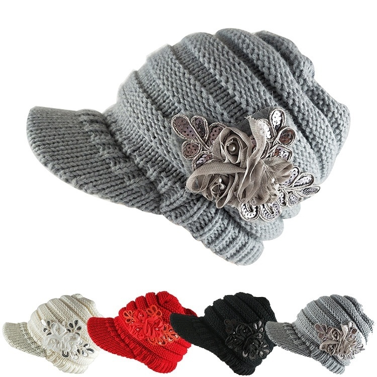 

Fashion Winter Women's Cable Knit Visor Hat With Flower Accent