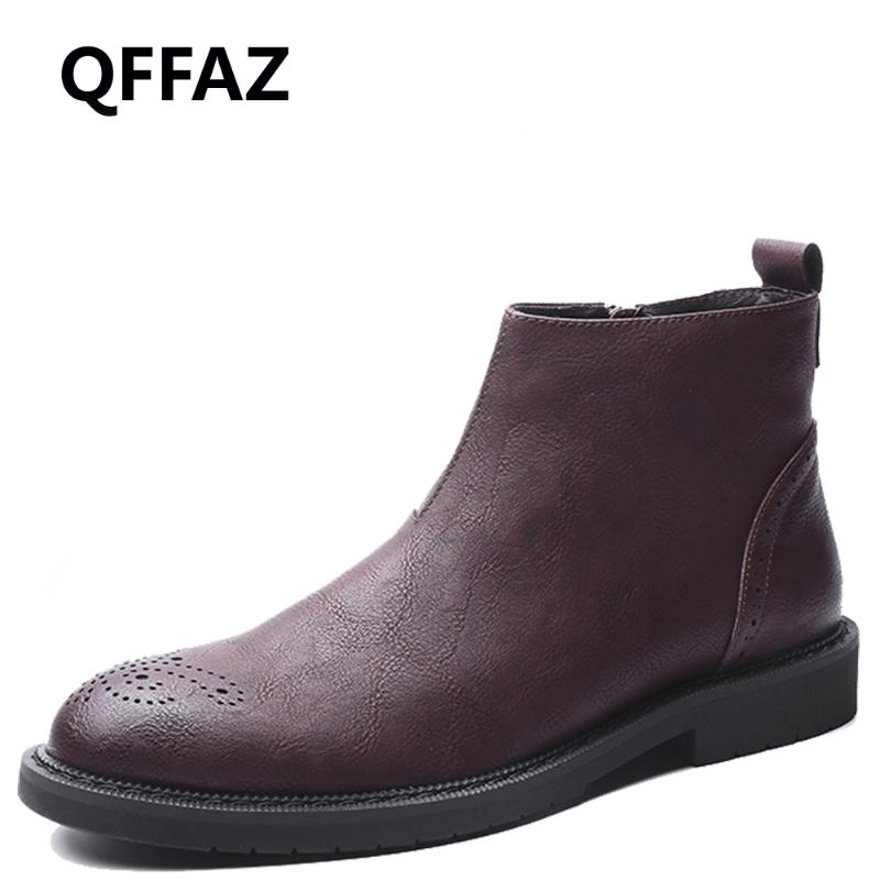

QFFAZ Genuine Leather Men Boots Autumn Winter Ankle Boots Fashion Footwear Zip Shoes Men Brogue Shoes botas para homens, Black