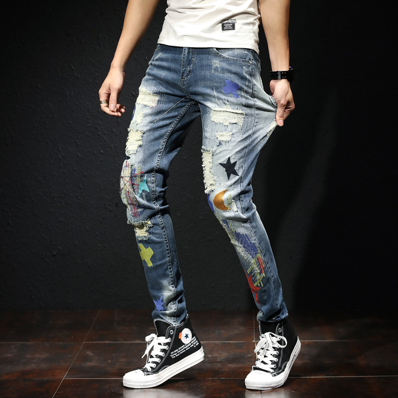 

Wholesale 2020 teenagers Men's embroidery patch ripped autumn jeans men's Korean trend small feet slim casual pants beggar, Blue