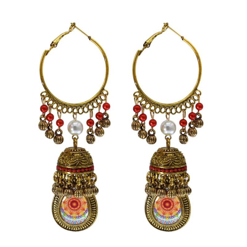 

Women's Ethnic Retro Round Gold bell Jhumka Earrings Classic Vintage colorful Beads Tassel Earrings Wedding Jewelry Bijou