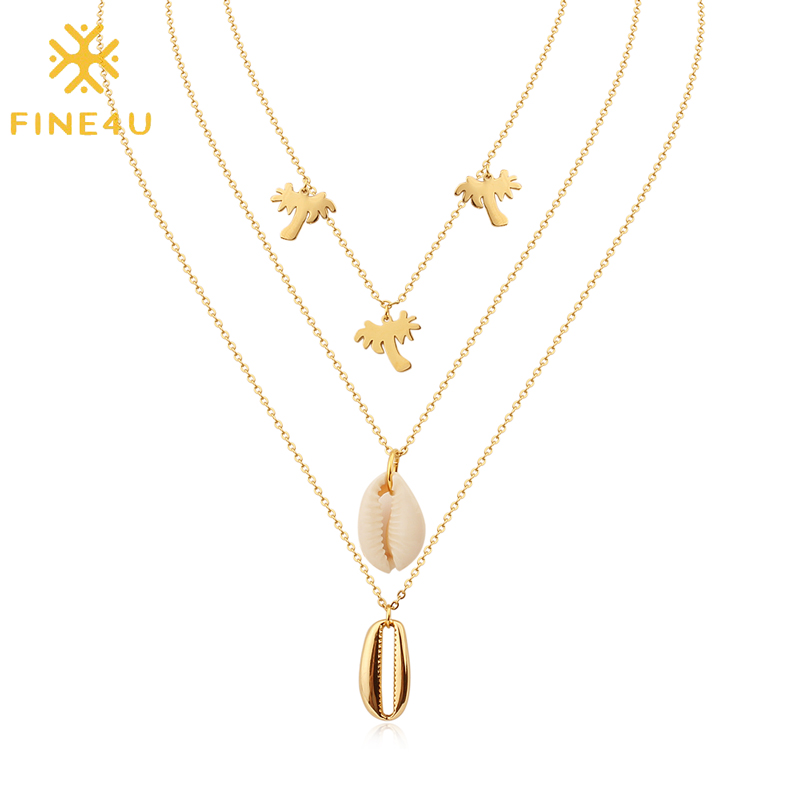 

FINE4U N368 Multi-layer Natural Shell Palm Tree Pendants Necklace Stainless Steel Chokers Necklaces Bohemia Summer Beach Jewelry