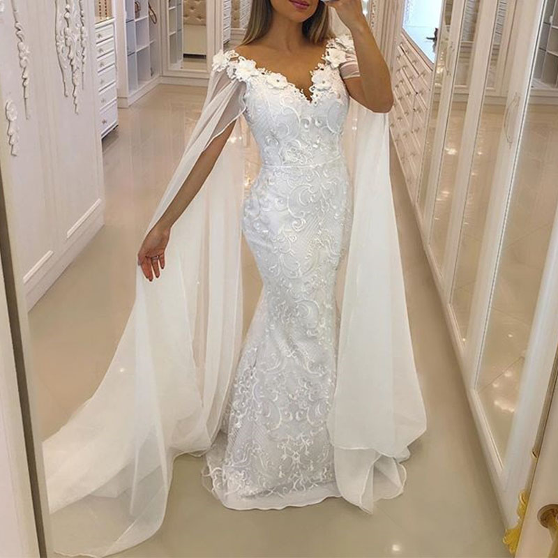 

White Wedding Dress Fashion V- Neck Off the Shoulder Short Sleeves Lace Appliques Mermaid Bridal Gown Vestidos De Noiva