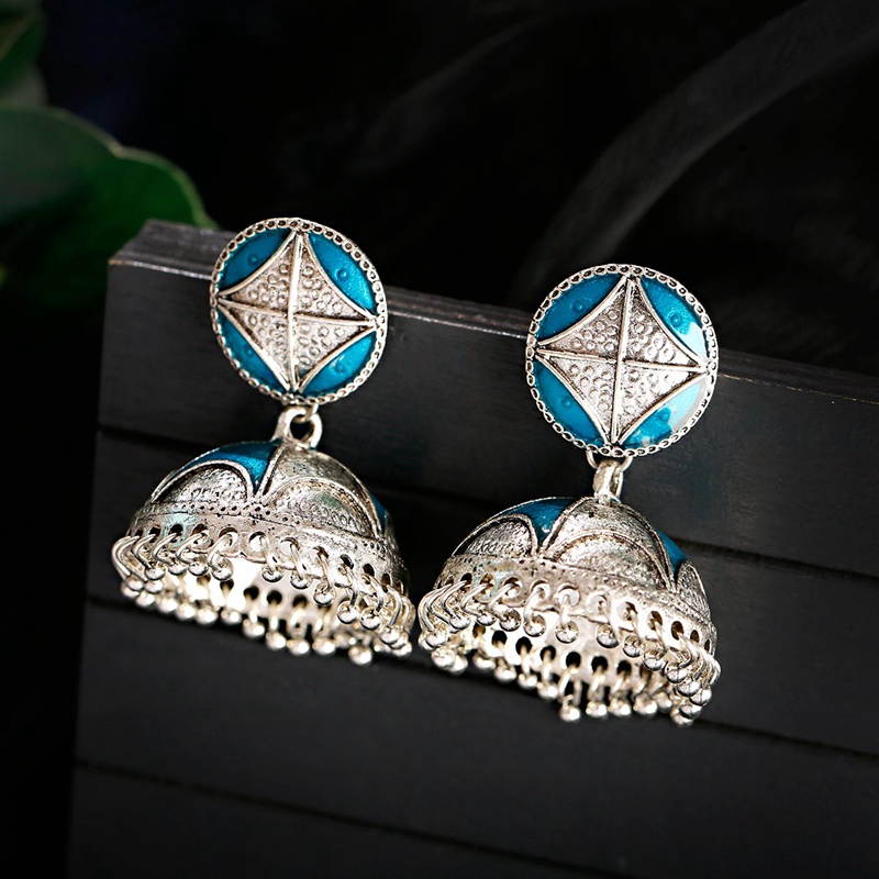 

Fashion Women's Beads Tassel Jhumka Earrings Ethnic Vintage Silver Color Geometric Bollywood Oxidized Dangle Earrings
