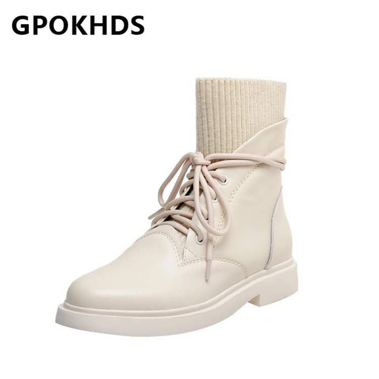 

GPOKHDS 2021 women Ankle boots Cow leather Winter short plush Round Toe Lace-Up knitted Med heels female Riding boots size 39, White