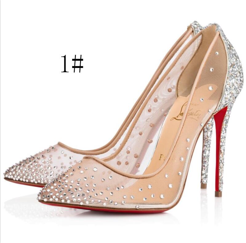 

Spring Summer Elegant Styles Women Shoe Rhinestone High Heels Crystals Pointed Toe Mesh Pumps Red Bottoms Sole Wedding Shoes 8 10 12CM, Black