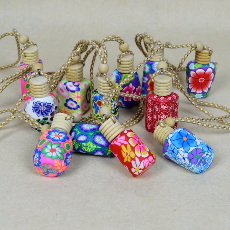 

Wholesale New Arrival Mix Styles Polymer Clay Perfume Hanging Empty Bottle 100PCS/LOT