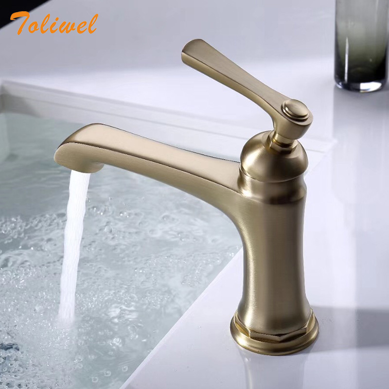 

Brushed Gold Brass Bathroom Faucet Lavatory Vessel Sink Basin Faucets Mixer Taps Swivel Spout Hot Cold Water Wholesale WF0027