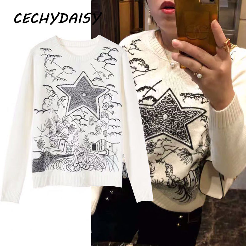 

Seater women autumn winter 2020 fashiion embroidery five-pointed star o-neck long sleeve knitting clothes casual pullover jumper, As picture
