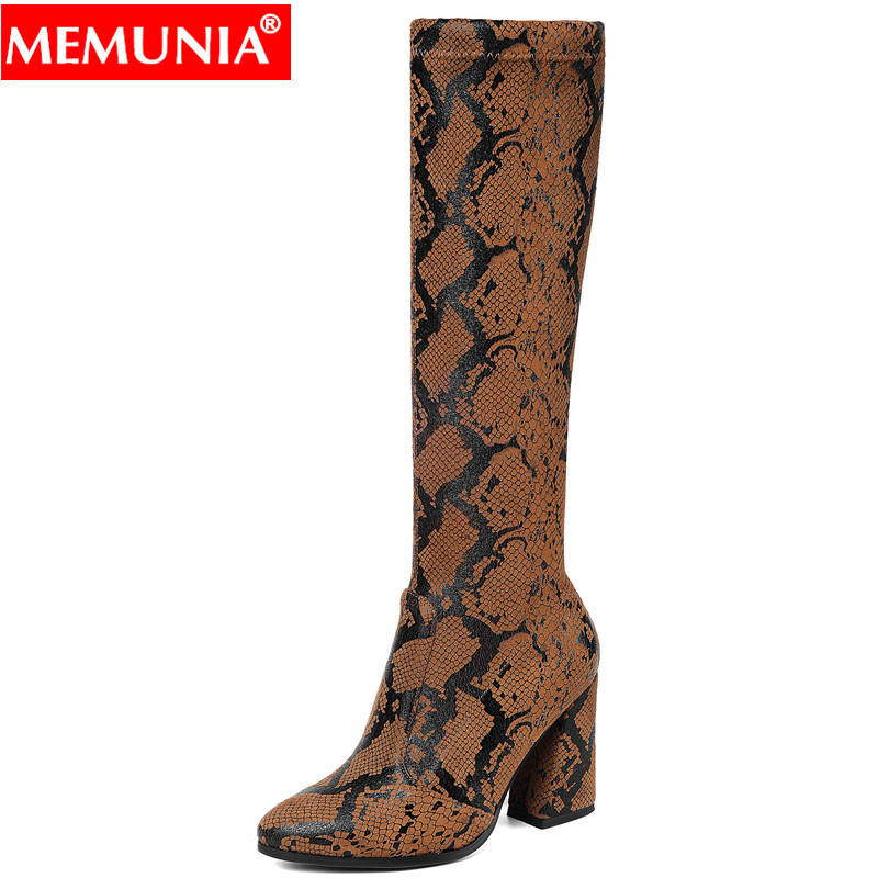 

MEMUNIA 2020 New arrival snake stretch boots women thick high heels spring autumn half boots female fashion ladies shoes, Brown