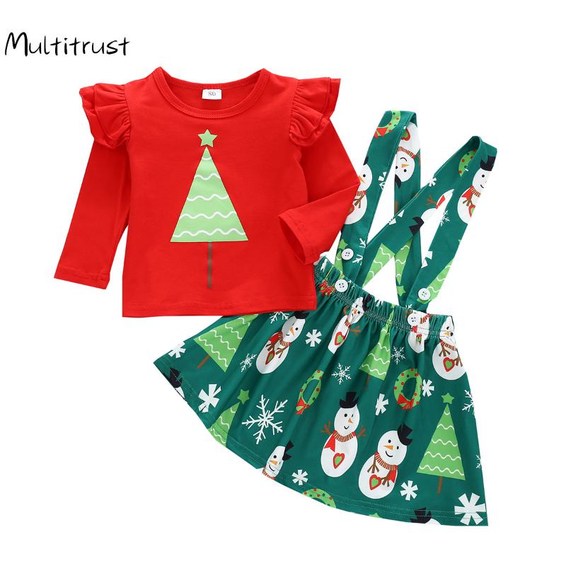 

2020 Baby Girls Christmas Clothes Set Red Long Sleeve Round Collar Top + Green Snowman Printed Pattern Skirt 2pcs, As pic