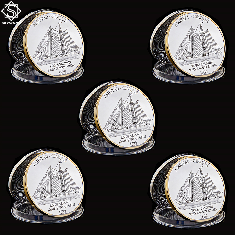 5PCS 1839 USA Challenge Craft American Civil War Boat Amistad Cinque Gold & Silver Replica Coin Collectibles-image-587025781