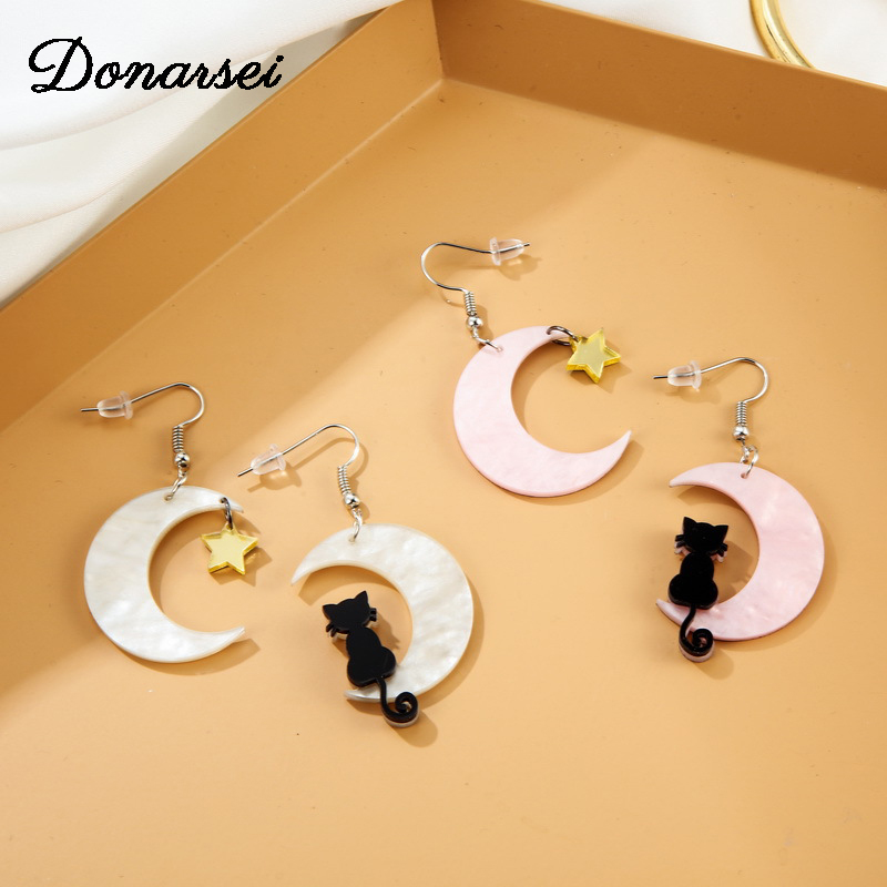 

Donarsei Cute Black Cat Acrylic Earrings For Women Acetate Sweet Star Moon Drop Dangle Earrings Party