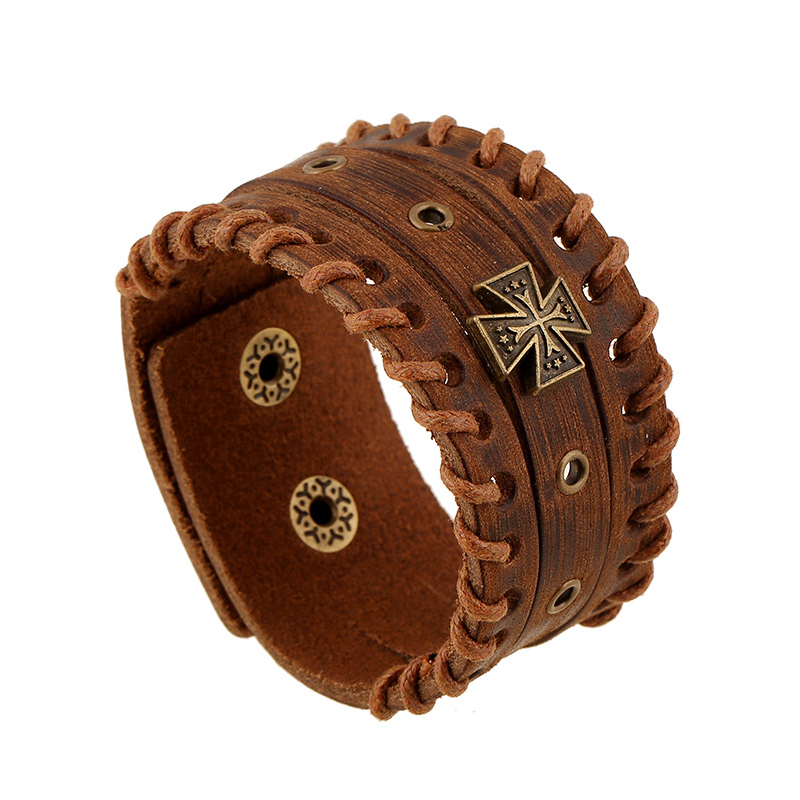 

New Men Vintage Genuine Leather Christian Cross Bracelet Retro Brown Bangles For Men Women Jewelry Accessories