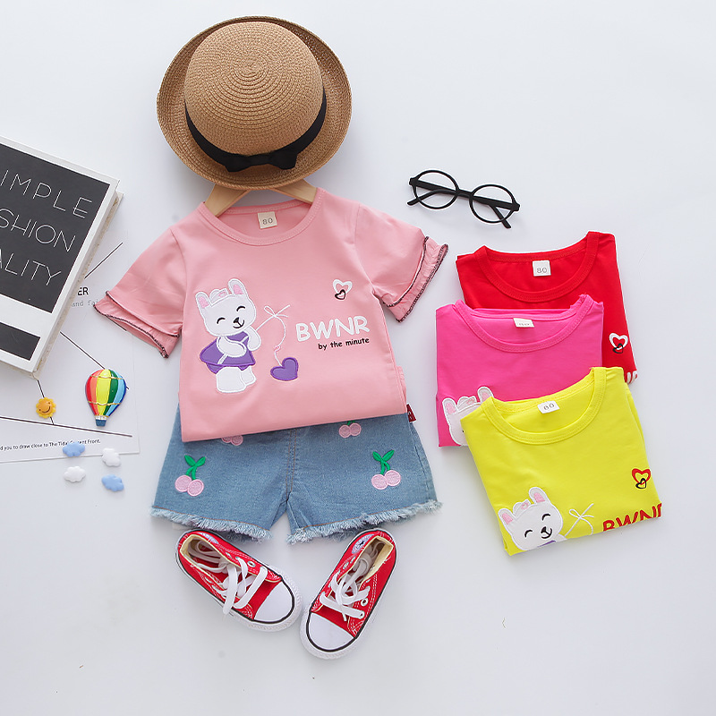 

Baby infant suit Cartoon Toddler girls Summer Set Cartoon Cat T Shirt Short Jeans Children Clothing girls Suit Baby Tracksuit, Pink
