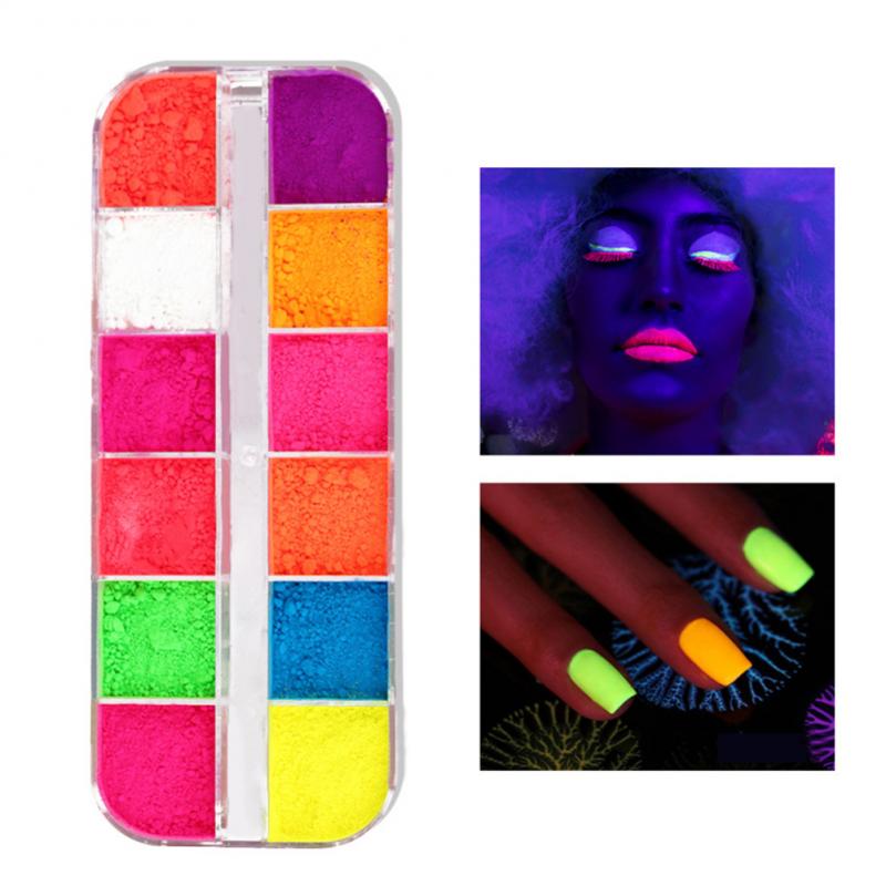 

6/12 Colos Neon Fluorescent Nail Powder Nail Glitter Glow In Dark Colorful Chrome Pigment Glimmer Dust Art Decoration TSLM2