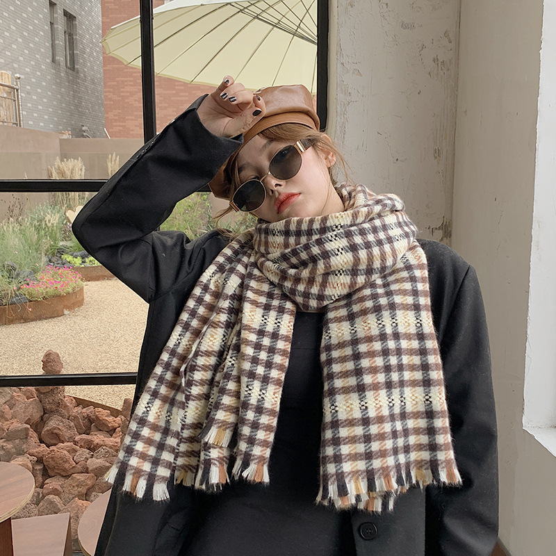 

Women's Korean-Style Contrasting Cashmere Plaid Scarf Thicken Warm Tassels Long Shawl British Fashion Scarf women