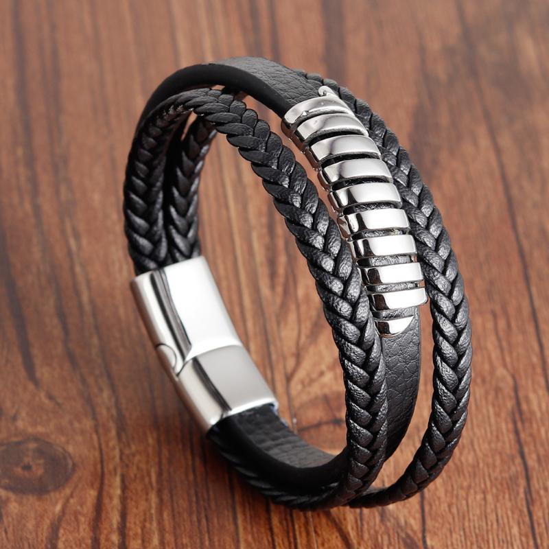 

2020 Fashion Stainless Steel Chain Genuine Leather Bracelet Men Vintage Male Braid Jewelry for Women Man Buddha Bracelet