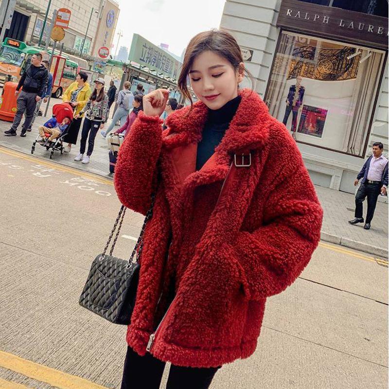 

Bella Philosophy Women Winter Faux Warm Coat Long Sleeve Female Thick Teddy Bear Coat Casual Loose Oversize Red Outwears, Black