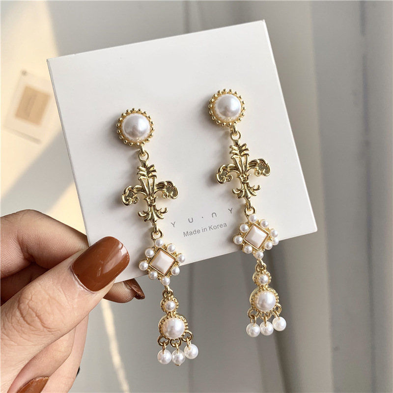 

Jouval Baroque Gold Cross Long Drop Dangle Earrings For Women Vintage Luxury Pearl Earring Wedding Fashion Jewelry Female Brinco