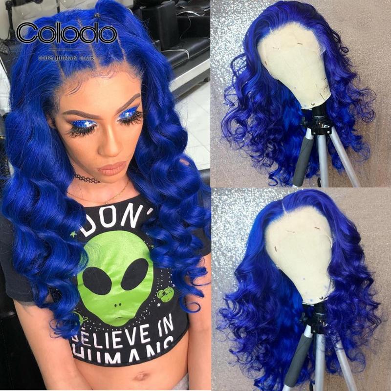 

COLODO Dark Blue Loose Deep Wave Wig Pre Plucked Baby Hair Remy Brazilian Purple Grey Lace Front Human Hair Wigs for Black Women, Grey color